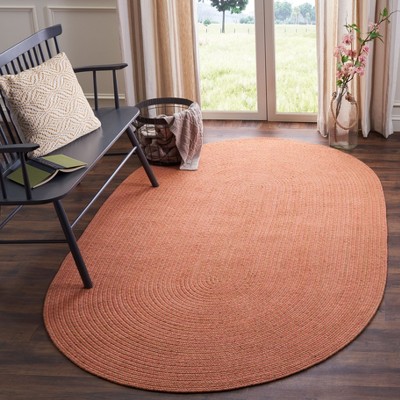 Handwoven Orange Wool Oval Braided Area Rug, 5' x 8'