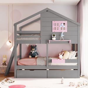 NicBex Twin over Twin Loft Bed Bed Frame with Drawers, Bedside Shelf, Box, Window, Roof, Inclined Ladder and Guardrail, No Box Spring Required - 1 of 4
