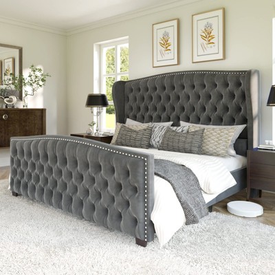 AMERLIFE Platform Bed Frame, Velvet Upholstered Bed with Deep Button Tufted