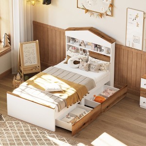 Twin Size House-Shaped Wooden Bed with Storage Shelf and Built-in Two Storage Drawers - 1 of 4