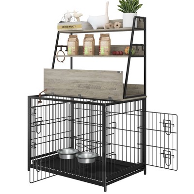 Wooden dog crate with removable tray, adjustable dividers, double doors, 2 stainless steel bowls and 3 internal storage shelves for small medium dogs