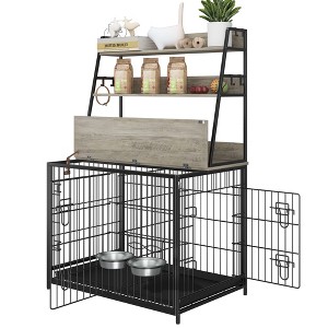 Wooden dog crate with removable tray, adjustable dividers, double doors, 2 stainless steel bowls and 3 internal storage shelves for small medium dogs - 1 of 4
