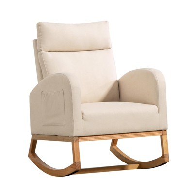 Nursery Glider Chair - Rocking Chair, Upholstered Nursery with Rubber Wood Legs, Comfy High Backrest, Side Pockets, Rocker Armchair for Living Room