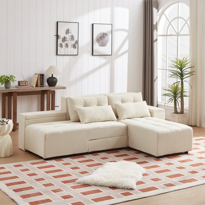TiramisuBest Convertible 3 in 1 Sleeper Sofa and Sectional Sofa with 4 Storage Space for Living Room,Corduroy Couch With 4 pillows,Corduroy