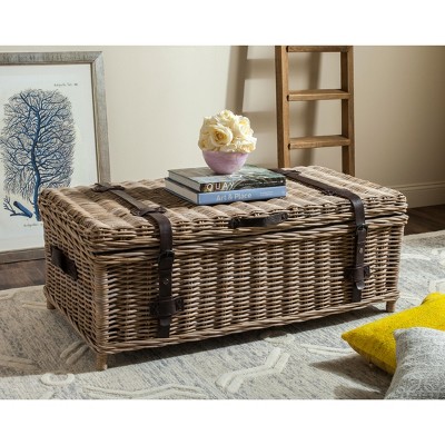 Transitional Gray Wood Storage Trunk Coffee Table with Faux Leather Straps