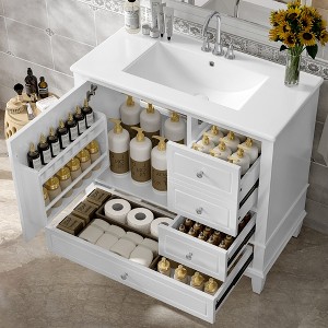 Whisen 24" Bathroom Vanity with Sink, Drawers & Storage Shelves, Ceramic Top with MDF/Solid Wood Base - 1 of 4