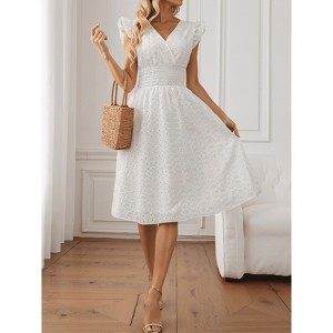 Women's White V-Neck Eyelet Dress, Ruffle Sleeve A-Line Midi Dress with Waist Tie - 1 of 4