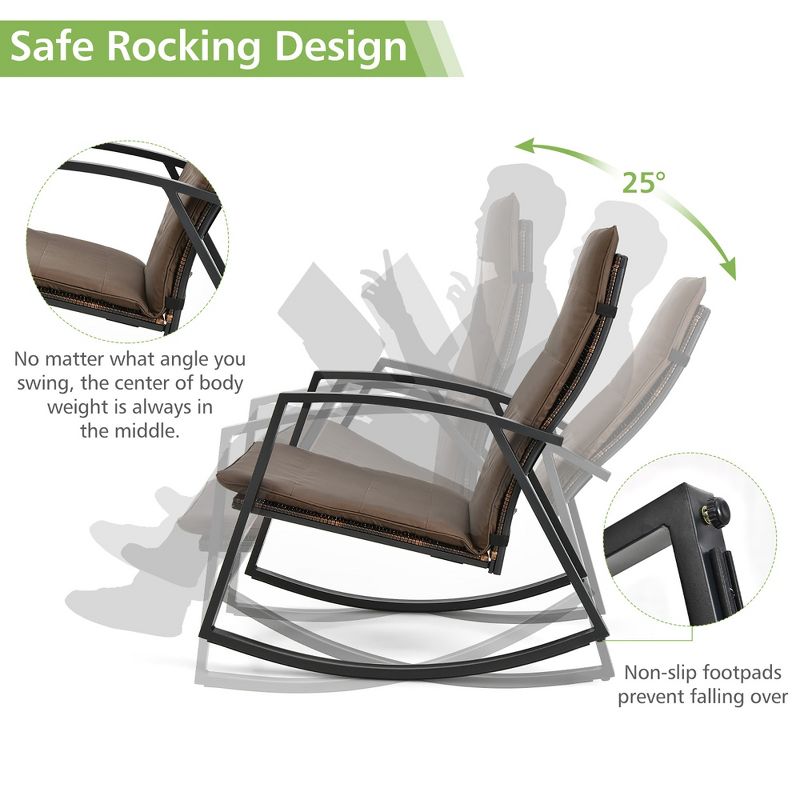 Tangkula 3PCS Rattan Bistro Rocking Chair Set Patio Furniture Set w/ Cushions, 5 of 10