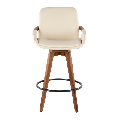 Cream Faux Leather Walnut Swivel Counter Stool