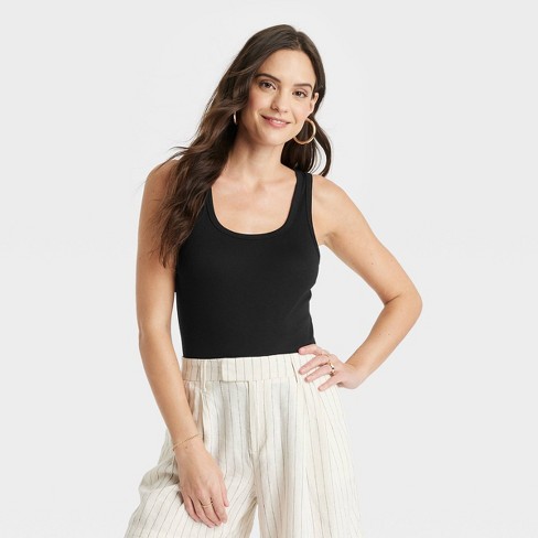 Women's Slim Fit Ribbed High Neck Tank Top - A New Day™ Black