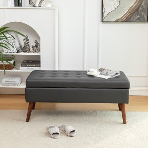 Gulches 43.3"W Dark Gray Leather Storage Ottoman Bench - Tufted Upholstered Bench with Safety Hinge, 300LBS Capacity, Solid Wood - 1 of 4