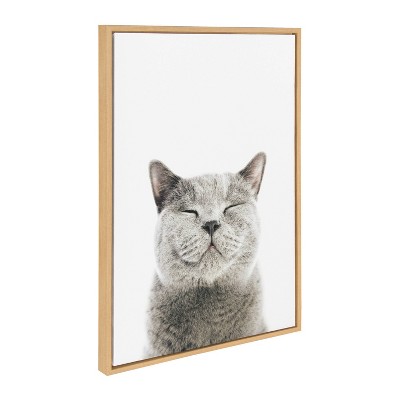 Smiling Gray Cat Canvas Print with Natural Wood Frame