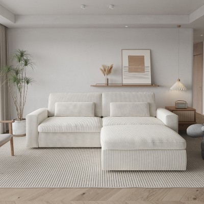 Vipbear Sectional Couch With Armrests, Modular Deep Seat Sofa With Ottoman, 89" Modern Corduroy Couches For Living Room, Apartment, Office, Gray/Beige