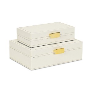 Cheung's Lithos Vintage Rectangular Style Set of 2 Boxes with Stitched Accents & Gold Handles - White - 1 of 4