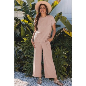 Solid Corded Knit Short Sleeve T Shirt and Wide Leg Pants Set - 1 of 1