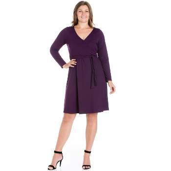 24seven Comfort Apparel Womens Plus Size Chic V-Neck Long Sleeve Belted Dress