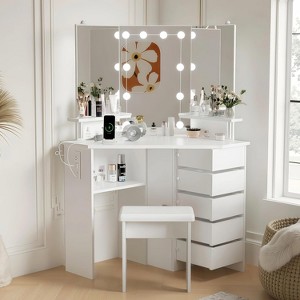 Garvee Makeup Vanity Desk with Mirror, Corner Vanity Desk with Stool, Vanity Table with 5 Rotating Drawers,Black - 1 of 4