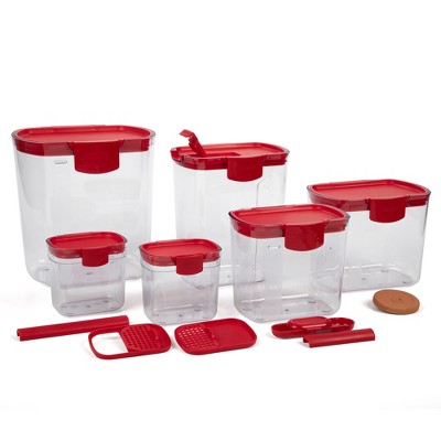 Progressive Prepworks ProKeeper 6 Piece Kitchen Clear Plastic Food Storage Organization Container Baking Canister Set, Red