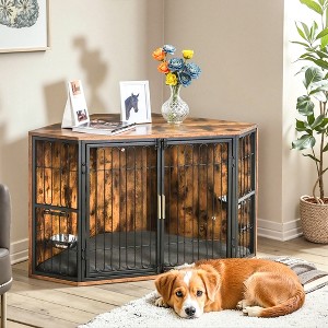 VECELO 43.3" Dog Crate, Indoor Dog Kennel Indoor with Cushion & 2 Removable Trays, Wooden Decorative Pet House for Large/Medium Dogs, Brown - 1 of 4