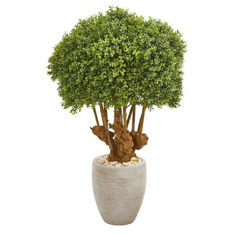 Nearly Natural 41-in Boxwood Artificial Topiary Tree in Sandstone Planter (Indoor/Outdoor), 1 of 2