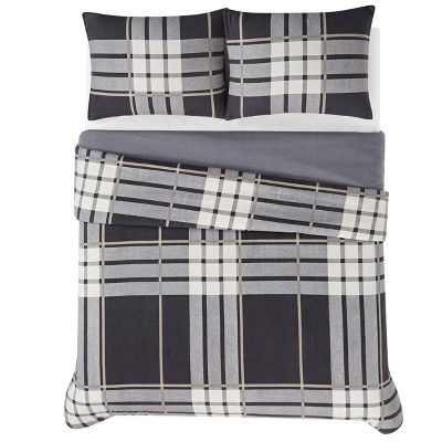 Milo Plaid Twin XL Gray Cotton Flannel Duvet Cover Set