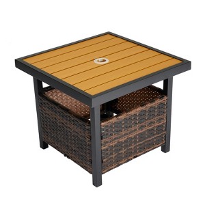 Naysaye Patio End Tables Wicker Side Table PE Rattan Imitation Wood Top with Umbrella Hole for Outdoor Use, Brown, 22"*22"*18" - 1 of 4