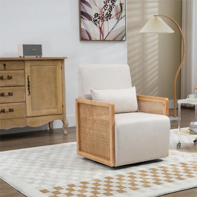 360° Swivel Accent Chair,Black Faux Leather Swivel Arm Chair Barrel Armchair With Pillow And Rattan Armrests Swivel Occasional Chair-Cuddlewood