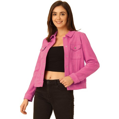 Allegra K Women's Turn-Down Collar Flap Pockets Snap Button Faux Suede  Jacket Hot Pink Small