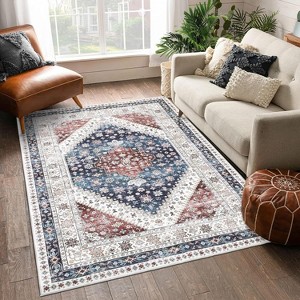 Vintage Oriental Rug, Washable Non-Slip Low Pile Carpet, Stain-Resistant Medallion Floor Mat for Living Room - 1 of 4
