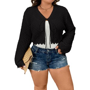 Women's Plus Size Crochet Hollow Out Tie Front Scallop Trim Crop Cardigan Sweater - 1 of 4