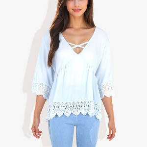 Anna-Kaci Women's Strap V-Neck Detail Crochet Lace Trim Midi Sleeve Blouse - 1 of 4