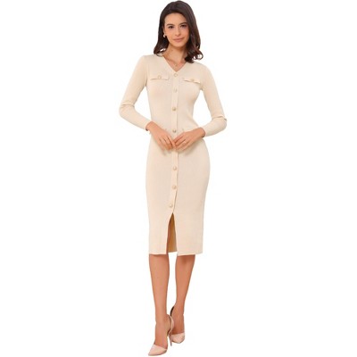 INSPIRE CHIC Women's V Neck Long Sleeve Button Decor Knit Midi Bodycon Sweater Dress