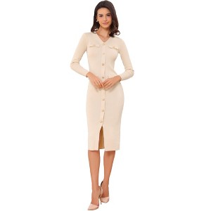 INSPIRE CHIC Women's V Neck Long Sleeve Button Decor Knit Midi Bodycon Sweater Dress - 1 of 4