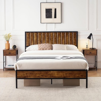 Farmhouse Metal Bed Frame with Headboard & Footboard, Wrought Iron Slat Platform & Wood Accents. No Box Spring, Easy Assembly, Strong Foundation.