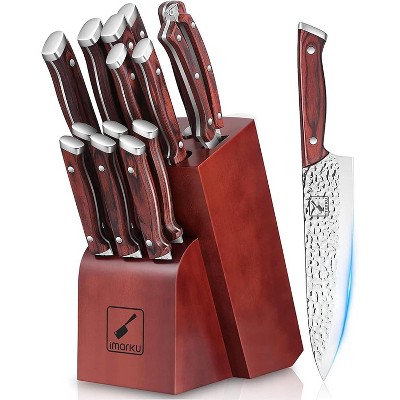 16-Piece Knife Set with Block, Kitchen Knife Set, German Stainless Steel Knife Set with 6 Steak Knives and Knife Sharpener, Unique Hammered Design