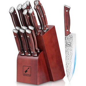 16-Piece Knife Set with Block, Kitchen Knife Set, German Stainless Steel Knife Set with 6 Steak Knives and Knife Sharpener, Unique Hammered Design - 1 of 4
