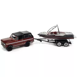 Auto World 1/64 Red & Black 1969 International Scout II with Malibu Boat and Trailer by Johnny Lightning- JLSP205A