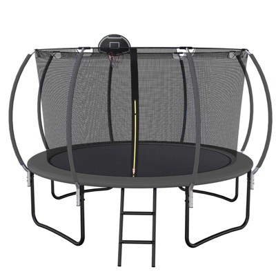 Okak 12FT Pumpkin Outdoor Trampolines with Enclosure Net, Kids Trampoline with Basketball Hoop and Ladder, Rebounder for Yard, Patio, Black