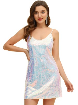 Allegra K Women's Glitter Sequin Spaghetti Strap V Neck Party Cocktail Sparkly Mini Dress
