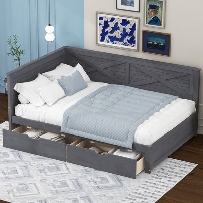 LOVMOR Twin Size Daybed with 2 Storage Drawers and Rustic Guardrail, Wooden Sofa Bed for Living Room, Bedroom, No Box Spring Needed