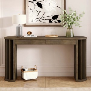 KIGFTSOD Long Oak Veneer Console Table with Curved & Straight Line Design, Behind the Couch Farmhouse Table for Entrance Hallway Living Room - 1 of 4