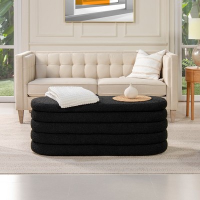 Ebony Black Boucle Upholstered Oval Storage Bench with Hinged Lid