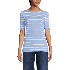 Lands' End Women's Supima Cotton Elbow Sleeve Boatneck Button Shoulder Tee - 1 of 4