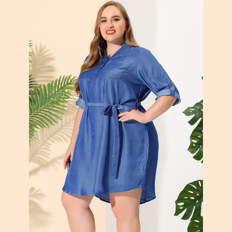 Agnes Orinda Women's Plus Size 3/4 Sleeve Belted High Low Hem Chambray T-Shirt Dresses, 4 of 7