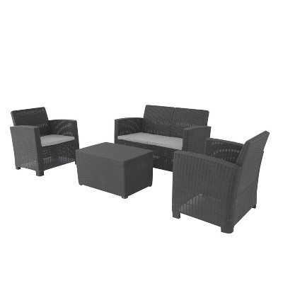 Alta 4 Person All Weather Faux Rattan Seating Set with Cushions - Black - DUKAP