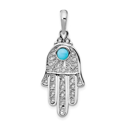 Black Bow Jewelry 14k White or Yellow Gold Synthetic Turquoise Filigree Hamsa Pendant