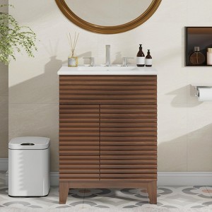 Bathroom Vanity with Sink Combo, Freestanding Storage Cabinet with Wood Grain Laminate, Walnut - 1 of 4