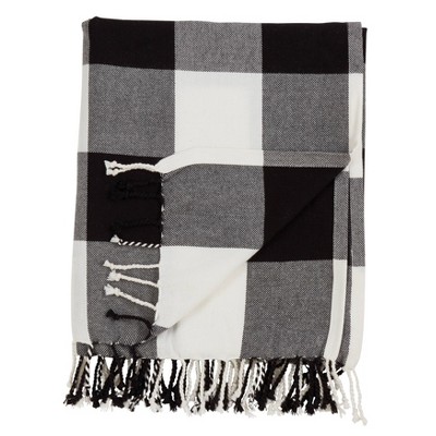 Buffalo Plaid Tassel-Trimmed Cotton Throw Blanket - Black and White