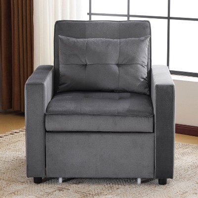 NicBex 3-in-1 Convertible Sleeper Chair,Modern Velvet Folding Sofa Bed with Pillow,Couches with Pocket for Living Room,Gray/Beige