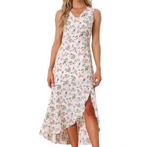 Allegra K Women's Floral Print Summer A-Line High Low Side Slit Sleeveless Midi Sundresses - 1 of 4